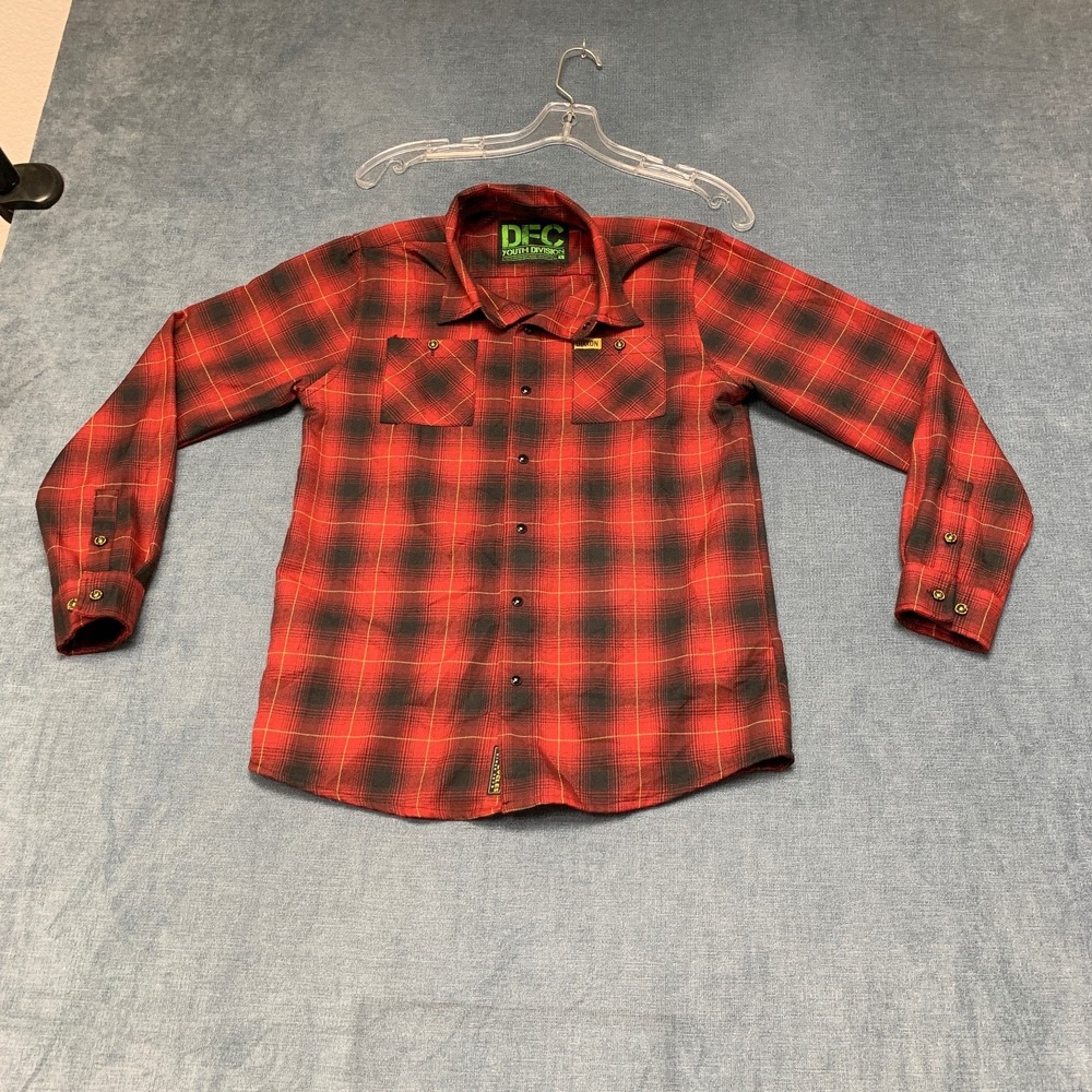 Dixxon Flannel DFC Youth Division Shirt Boys Large Red Black Plaid Button Up